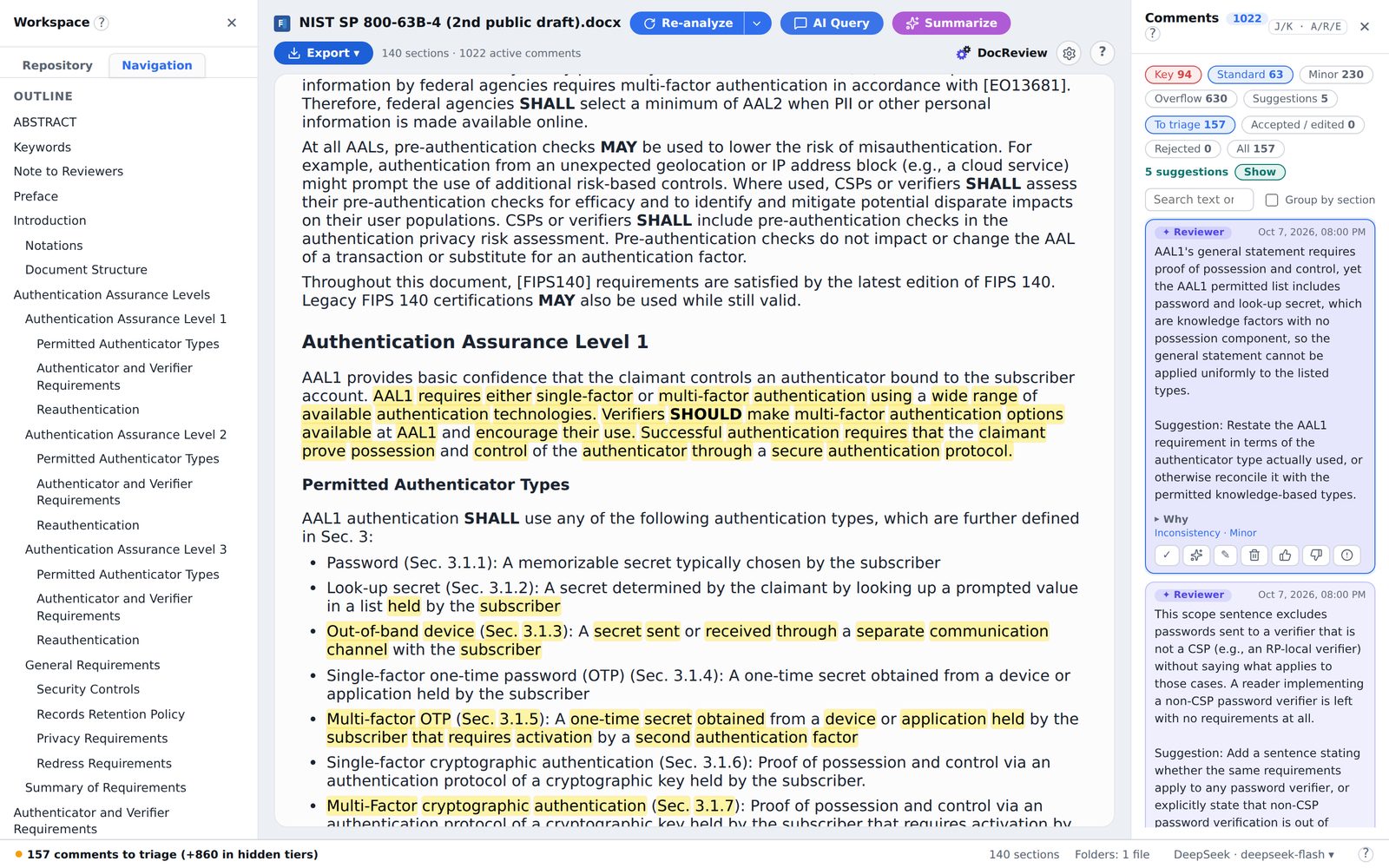 DocReview with the NIST draft open: the outline, the document with the commented passage highlighted, and Key comments in the comments pane